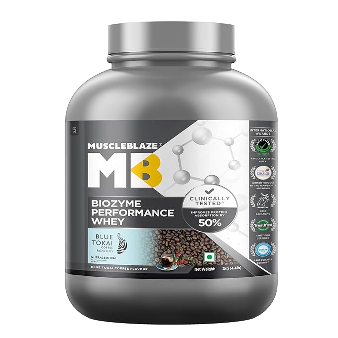MuscleBlaze Biozyme Performance Whey Protein Powder, Blue Tokai Coffee (2kg / 4.4lbs) | 25g Protein Per Scoop | Clinically Tested 50% Higher Protein Absorption